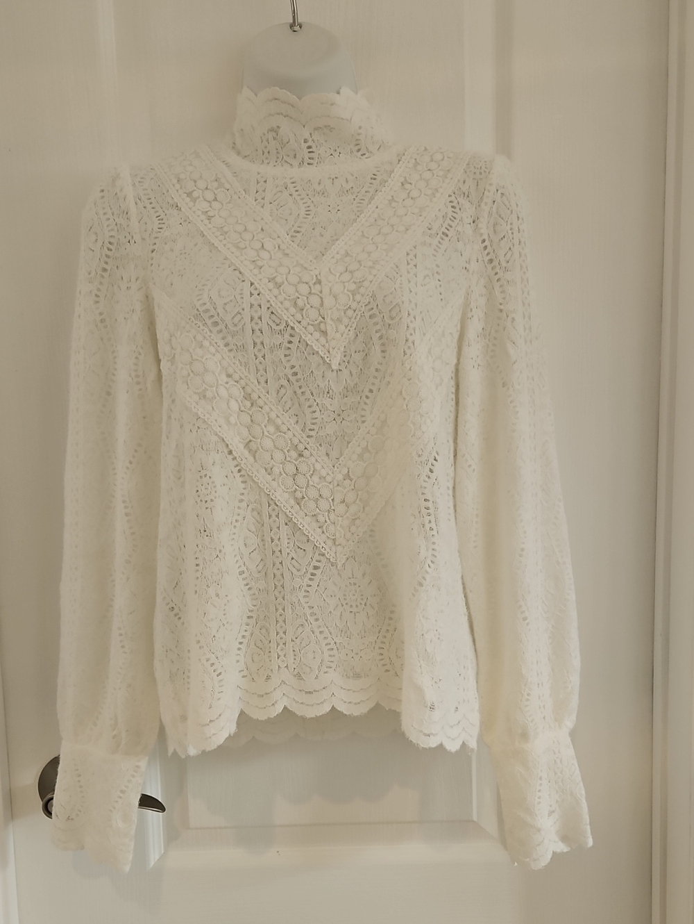 Women's White Lace High-Neck Blouse with Scalloped Trim